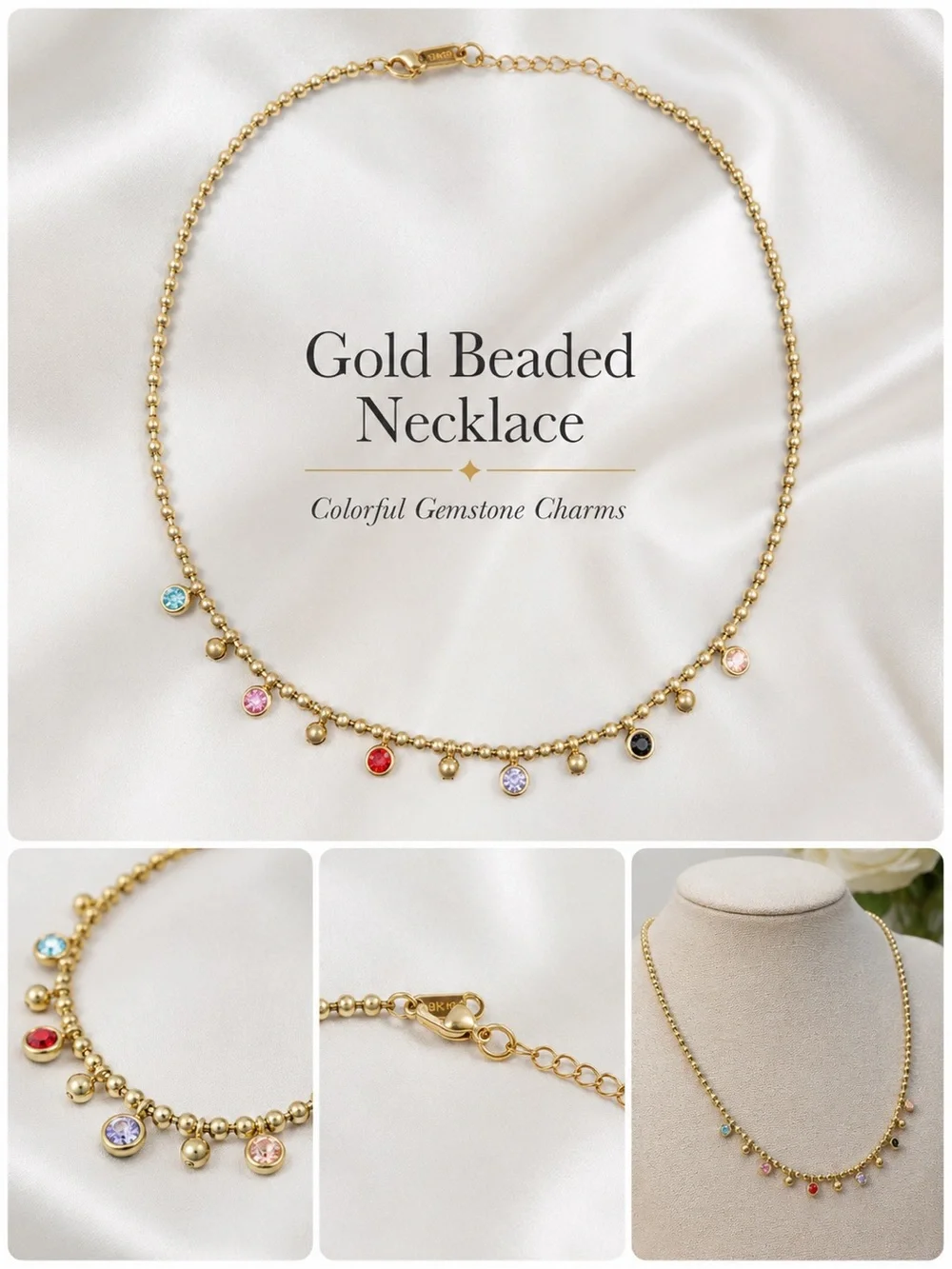 Gold Beaded Necklace with Multicolor Gemstone Charms